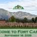 A large group photo of military personnel in camouflage uniforms posed on a grass field at Fort Carson, Colorado. The image is formatted as a welcome graphic dated September 16, 2026, featuring the 'Mountain Post READY' logo. The Rocky Mountains are prominently visible in the background, providing a dramatic scenic backdrop.