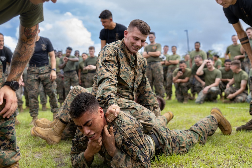 A group of military personnel, appearing to be U.S. Marines based on their MARPAT camouflage uniforms, are engaged in a martial arts or combatives training exercise outdoors on a grass field. Two Marines are grappling on the ground in the foreground while a large crowd of fellow Marines watches from the background. The atmosphere appears to be a structured training event or competition.