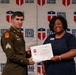 A U.S. Army sergeant in dress uniform is receiving a Certificate of Completion from Central Texas College, presented by a woman in a navy blue dress. The ceremony appears to be a formal academic recognition event held in front of a Central Texas College branded backdrop. The certificate visible in the image bears the name 'Dominik Hoenes'.