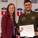 A military service member named David Hernandez Paez is receiving a Certificate of Recognition from Central Texas College. He is posing with a woman in a maroon blazer who appears to be a college representative or official. Both individuals are smiling in front of a Central Texas College branded backdrop.