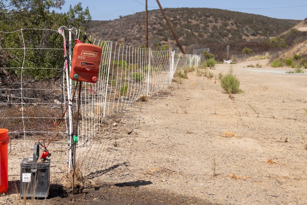 The image shows a rural electric fence installation along a dry, arid dirt road in what appears to be a semi-desert or chaparral environment. A red Speedrite 3000 electric fence energizer is mounted on a white fence post, connected to a battery unit on the ground. The landscape features dry scrubland, a hillside in the background, and a utility pole visible along the road.