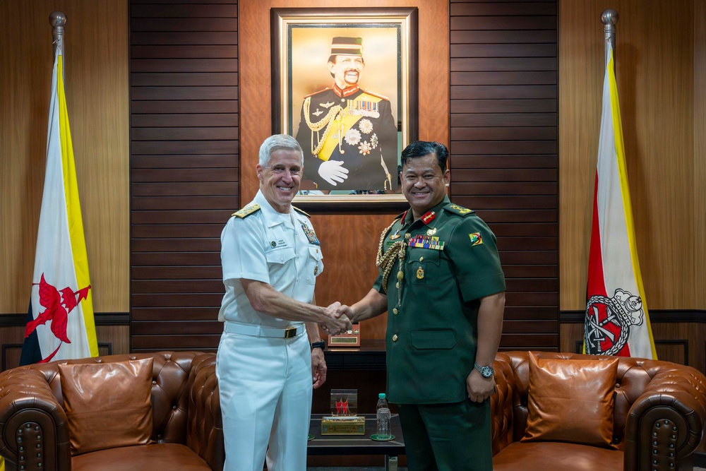 Two military officers in formal dress uniforms are shaking hands in what appears to be an official meeting room. One officer wears a white U.S. Navy dress uniform, while the other wears a dark green military uniform with medals and insignia. A framed portrait of a uniformed dignitary hangs on the wood-paneled wall behind them, flanked by two flags.