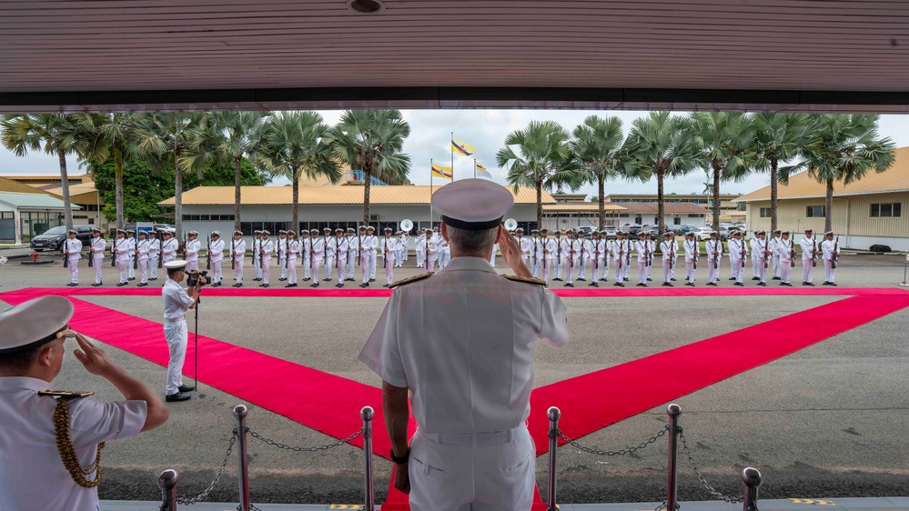 A formal military naval ceremony is taking place on a parade ground, with a senior officer in white dress uniform saluting a guard of honor lined up in formation. Red carpets are arranged in a V-shape or star pattern on the tarmac, indicating a high-protocol ceremonial reception. Two flags are visible in the background near a low-rise building surrounded by palm trees, suggesting a tropical location consistent with Southeast Asia.