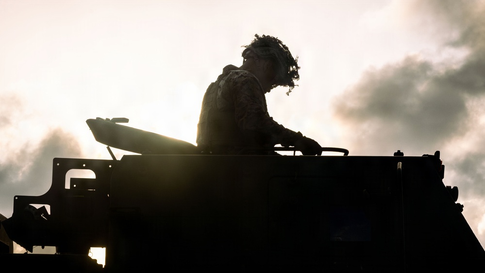 A silhouetted military personnel is positioned atop a large armored or military vehicle, photographed against a dramatic backlit sky with clouds. The strong backlighting creates a high-contrast silhouette effect, obscuring fine details but clearly showing the soldier's camouflage helmet with foliage and combat gear. The composition emphasizes the dramatic, atmospheric quality of the scene.