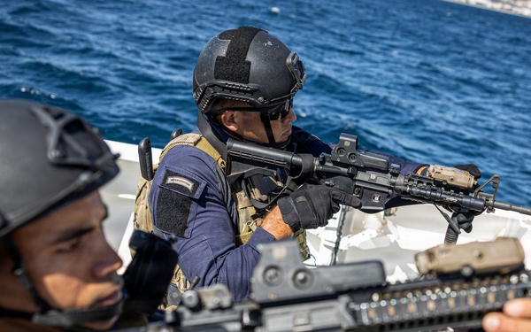 Two armed military or law enforcement personnel are positioned on the deck of a naval vessel, holding assault rifles in a ready stance. They are wearing tactical gear including ballistic helmets, body armor, and gloves, suggesting a maritime security or boarding operation. The setting is an open sea environment with a coastline visible in the background.