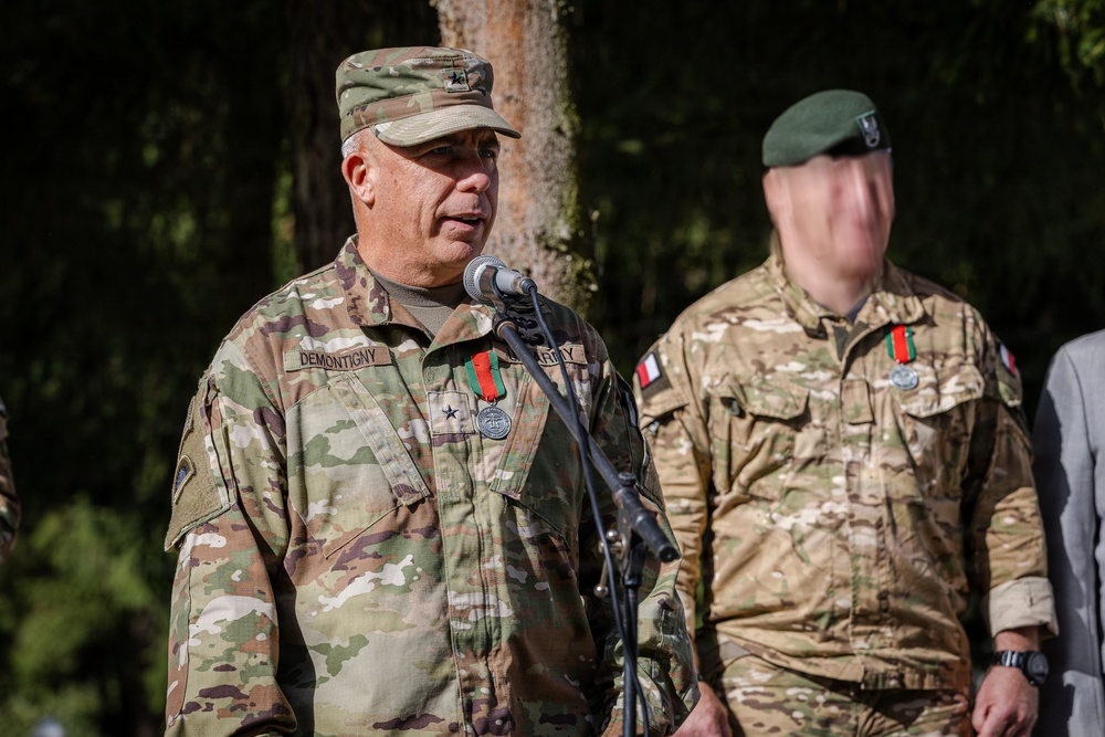 Two military personnel in camouflage uniforms are standing outdoors, with the foreground figure speaking at a microphone. The primary subject wears a US Army uniform with the name tape 'DEMONTIGNY' and a one-star general rank insignia on his cap. Both individuals are wearing matching medals with red and green ribbons.