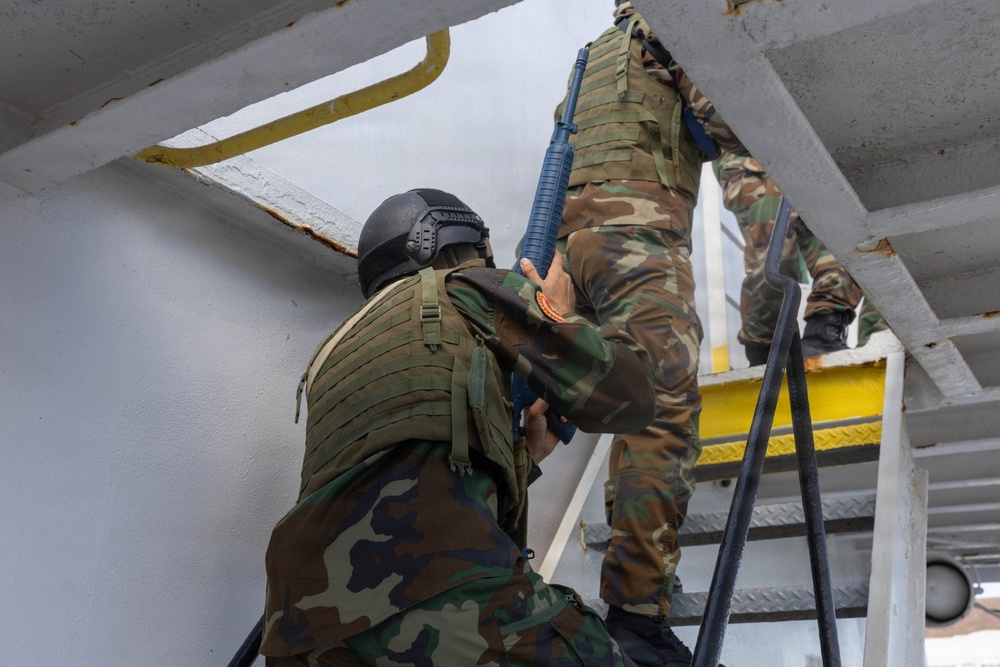 The image shows multiple armed personnel in camouflage uniforms ascending a metal staircase or ladder on what appears to be a vessel or industrial structure. The individuals are equipped with body armor, helmets, and rifles, suggesting a tactical boarding or clearance operation. The scene appears to be a training exercise or operational boarding scenario.