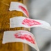 The image shows several small white fabric or woven labels attached along the edge of a wooden surface, each bearing a red printed mark or stamp. The labels appear to be sewn or affixed in a row along what looks like a wooden beam or furniture edge. The depth of field is shallow, with the middle label in sharpest focus.
