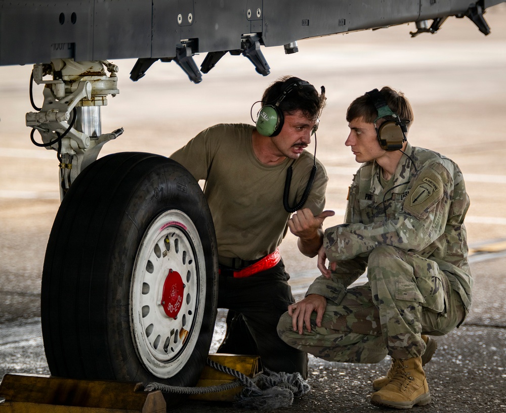 Two military personnel are crouched near the landing gear of an aircraft, appearing to discuss or inspect the wheel assembly. One individual is in civilian-style work clothes with a mustache, while the other wears U.S. Army camouflage (OCP) uniform with an Airborne patch visible on the shoulder. Both are wearing green aviation-style hearing protection headsets.