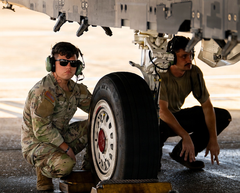 Two military personnel are crouching beneath an aircraft, inspecting the landing gear assembly on a tarmac. The individual on the left is wearing a camouflage uniform with a U.S. flag patch, sunglasses, and green ear protection headset, while the individual on the right wears a plain olive t-shirt with a similar headset. The image appears to depict a pre-flight or maintenance inspection of the aircraft's main landing gear.