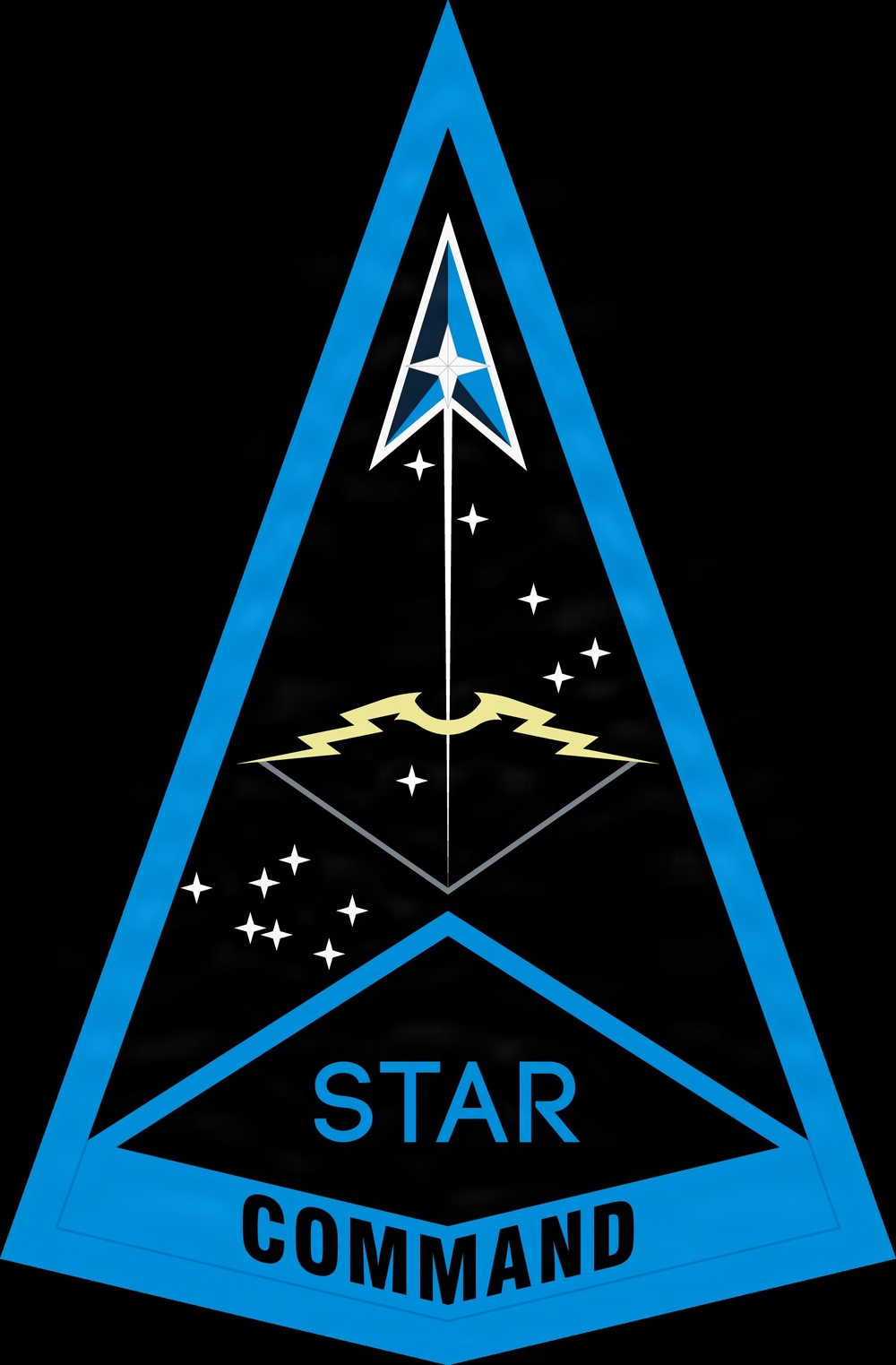 A triangular military-style insignia or patch featuring the text 'STAR COMMAND' at the bottom. The badge is predominantly black with a bright blue border and contains a central upward-pointing arrow or spear motif with a star at its tip, surrounded by scattered white stars and yellow lightning bolt elements. The design is consistent with space or aerospace unit insignia styling.