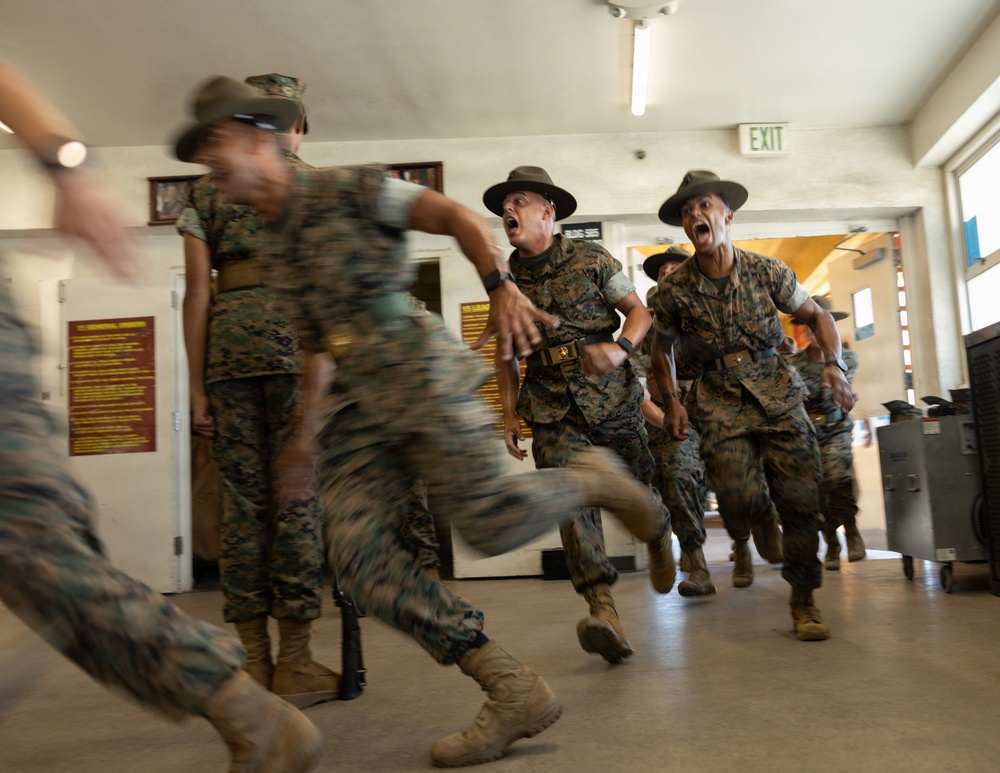 The image depicts what appears to be a U.S. Marine Corps drill instructor scenario, likely at a recruit training depot. Several personnel in MARPAT camouflage uniforms and campaign covers (drill instructor hats) are running and shouting in an indoor corridor. The motion blur on several figures suggests rapid movement and high-intensity activity consistent with recruit processing or training exercises.