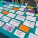 A teal-covered table displays numerous handwritten encouragement notes and messages on index cards and sticky notes of various colors. The messages appear to be part of a mental health awareness or support event, containing affirming statements directed at survivors or individuals in need. The display includes teal ribbon imagery, which is commonly associated with sexual assault awareness.
