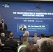 An opening keynote presentation at AFCEA TechNet Orlando conference, titled 'The Transformation of Acquisition into a Warfighting Function.' The speaker, identified on screen as Mr. Lee James III, SES, Deputy Capability Program Executive at U.S. Army CPE ST3, is presenting at a podium to a seated audience. The session is scheduled for 9:15–10:00 AM on the Main Stage.