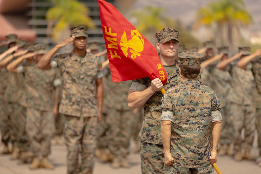 A U.S. Marine Corps military ceremony is taking place outdoors, likely at a base in a warm climate given the palm trees in the background. A Marine in the foreground holds a red guidon flag marked 'FMF' (Fleet Marine Force) with the Marine Corps Eagle, Globe, and Anchor emblem, alongside text reading 'CLB 15'. Rows of Marines in MARPAT camouflage uniforms are rendering salutes in formation behind the flag bearer.