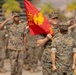 A U.S. Marine Corps military ceremony is taking place outdoors, likely at a base in a warm climate given the palm trees in the background. A Marine in the foreground holds a red guidon flag marked 'FMF' (Fleet Marine Force) with the Marine Corps Eagle, Globe, and Anchor emblem, alongside text reading 'CLB 15'. Rows of Marines in MARPAT camouflage uniforms are rendering salutes in formation behind the flag bearer.