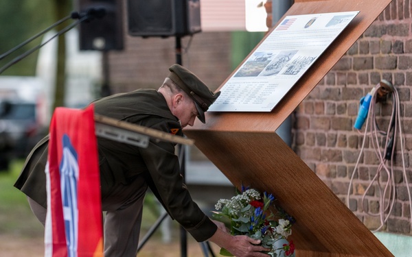 Col. Geoffrey Wright Lays Flowers at the Operation Market Garden Plaque Unveiling Ceremony of the B-24 Crash of the "Rum Runner"