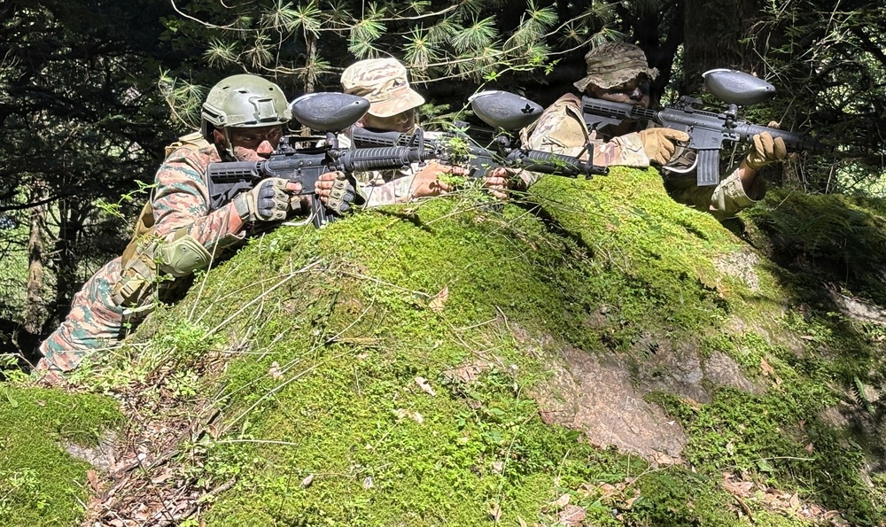 Three individuals in military-style camouflage uniforms are positioned behind a large moss-covered rock in a forested environment, aiming paintball guns forward. They appear to be engaged in a paintball or airsoft training exercise, as evidenced by the visible hopper/loader attachments on the weapons. The setting is a dense woodland area with pine trees and dappled sunlight.