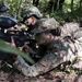 Multiple individuals in camouflage military-style uniforms are lying prone in a forested environment, aiming Tippmann-brand paintball markers forward. The scene appears to be a military training exercise or tactical paintball/airsoft simulation in a dense woodland setting. The participants are in a line formation, suggesting coordinated tactical training.