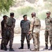 A group of five military personnel in various uniforms are gathered outdoors in an arid, semi-vegetated area, appearing to engage in a relaxed conversation. The individuals wear distinctly different camouflage patterns and insignia, suggesting a multinational military meeting or joint exercise. The atmosphere appears informal and collegial, with visible smiling among the participants.