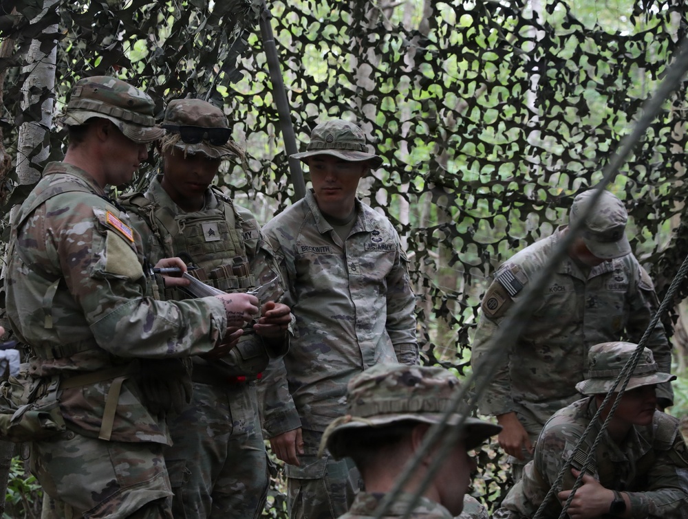 A group of U.S. Army soldiers are gathered under a camouflage netting in a wooded outdoor environment. Several soldiers appear to be reviewing documents or a clipboard while a senior NCO observes. The setting suggests a field training exercise or tactical operations briefing.