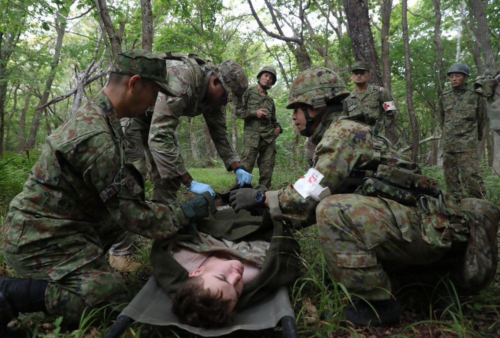Military personnel in camouflage uniforms are conducting a combat casualty care training exercise in a forested area. A simulated casualty (shirtless individual) is lying on a stretcher while multiple soldiers attend to him, with at least one wearing blue medical gloves. One soldier displays a red cross armband, indicating a medic role, suggesting this is a joint military medical training exercise.