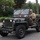 An elderly man drives a restored WWII-era Willys MB military jeep on a public road, likely during a historical vehicle parade or commemorative event. The olive-drab jeep bears military markings, unit insignia, and camouflage netting, along with a Dutch license plate 'PJ-80-00'. A blue Mini Cooper is visible parked in the background.