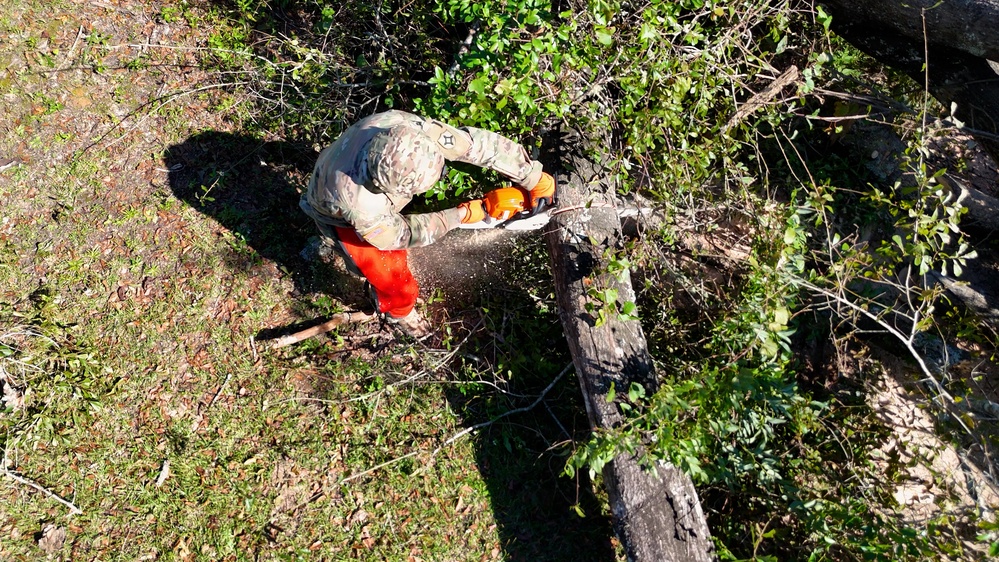 An aerial/overhead view of a person in military camouflage uniform using a chainsaw to cut through a fallen tree or large log. The individual is wearing bright orange safety chaps and gloves, indicating proper chainsaw safety equipment. Sawdust is visibly flying from the cutting area, suggesting active chainsaw operation.