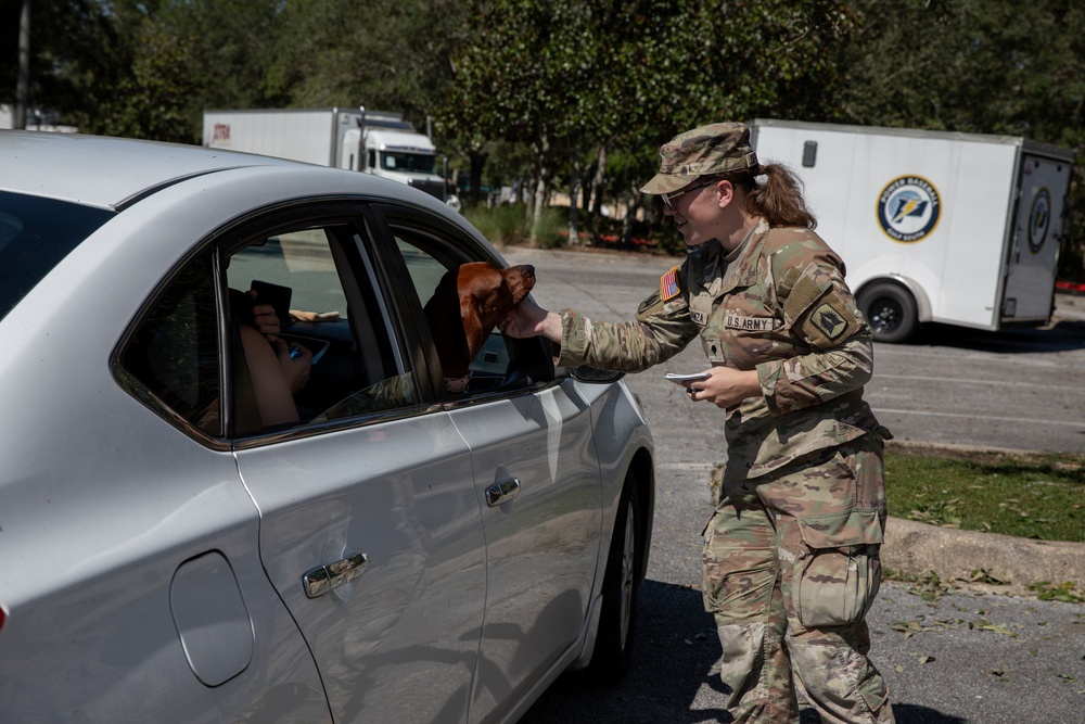A female U.S. Army soldier in OCP (Operational Camouflage Pattern) uniform is interacting with the occupant of a silver sedan at what appears to be a checkpoint or distribution point. A brown dog is leaning out of the car window toward the soldier, who is holding documents or cards. In the background, a white trailer with a government or military agency logo is visible along with trees and a semi-truck.