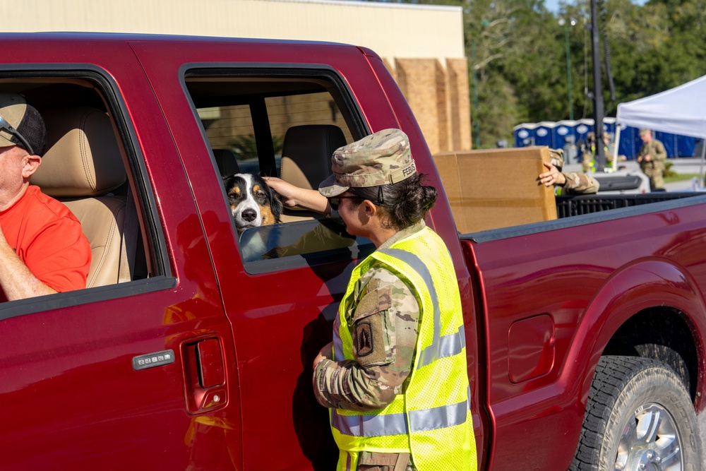 A military service member wearing camouflage uniform and a high-visibility yellow safety vest is petting a dog through the rear window of a red pickup truck at what appears to be a disaster relief or supply distribution point. A civilian male in an orange shirt is seated in the driver's seat. In the background, other uniformed personnel are handling cardboard boxes near a white tent.