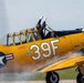 A bright yellow vintage military trainer aircraft marked '39F' is taxiing or rolling on a runway during what appears to be an airshow. A pilot or performer dressed in black with white gloves is standing up through the open cockpit with both arms raised in a celebratory gesture. The aircraft displays U.S. military insignia (star-and-bar roundel) and features a distinctive black-and-white checkered nose pattern.