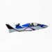 A small experimental jet aircraft with a distinctive shark mouth nose art is captured in flight against an overcast white sky. The aircraft, registered N241SJ, features a blue, white, and maroon color scheme and is emitting a white smoke trail from its rear, suggesting an airshow performance. A pilot is visible in the cockpit.